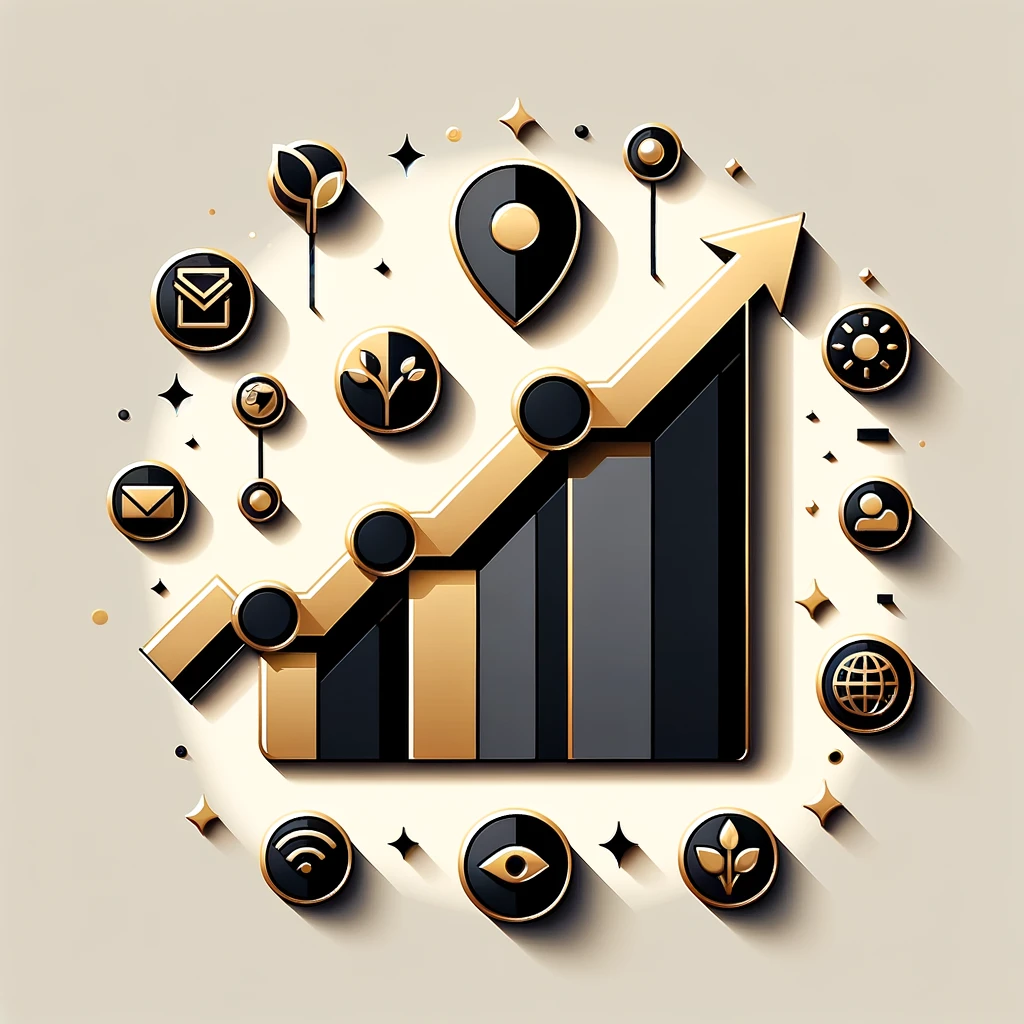 Image marketing d'un diagramme avec une évolution en hausse. Des couleurs anthracite et dorée